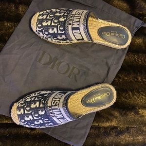 Women's Dior Granville Embroidered D Stripe Cotton Flat Espadrille Mule Slide